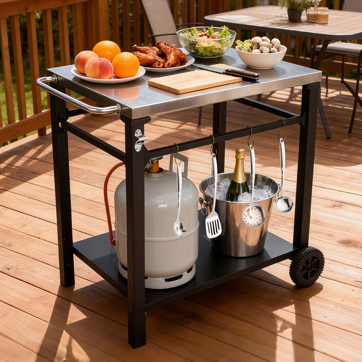 Black White Metal Grill Cart with Wheels, 34.7 in Tall
