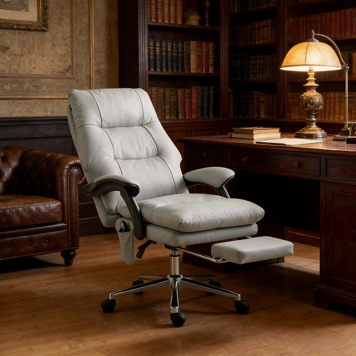 Light Gray Vegan Leather Office Chair, Massage, Reclining, 264 lb, 48.4 in Tall