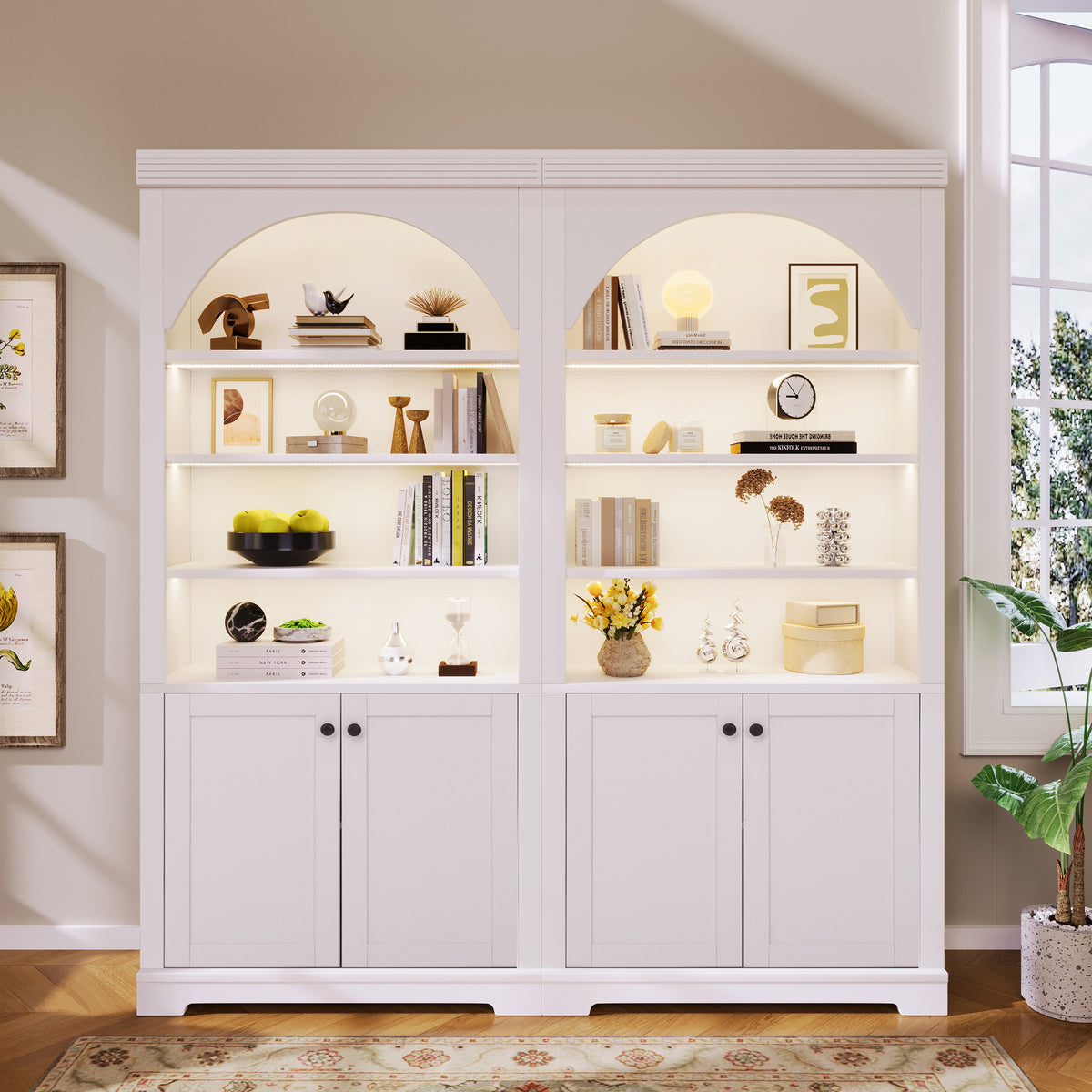 Modern Bookcase, 4 Doors, LED Lighting, 70.8 in Tall, White