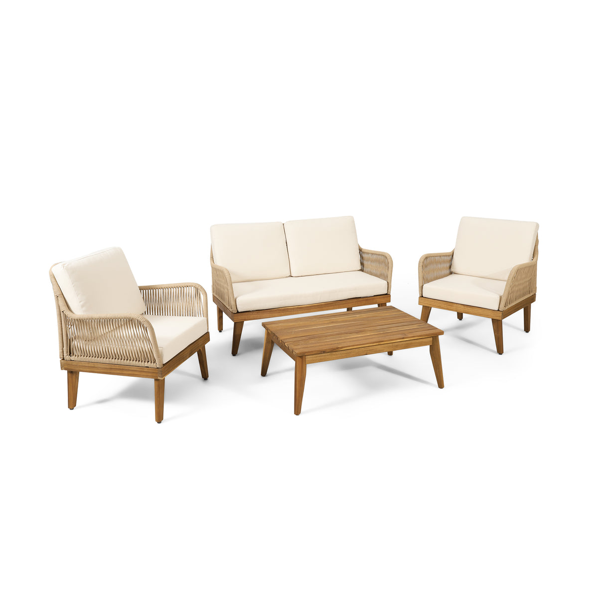 Teak Finish Solid Wood Patio Conversation Set for 4 with Cushions