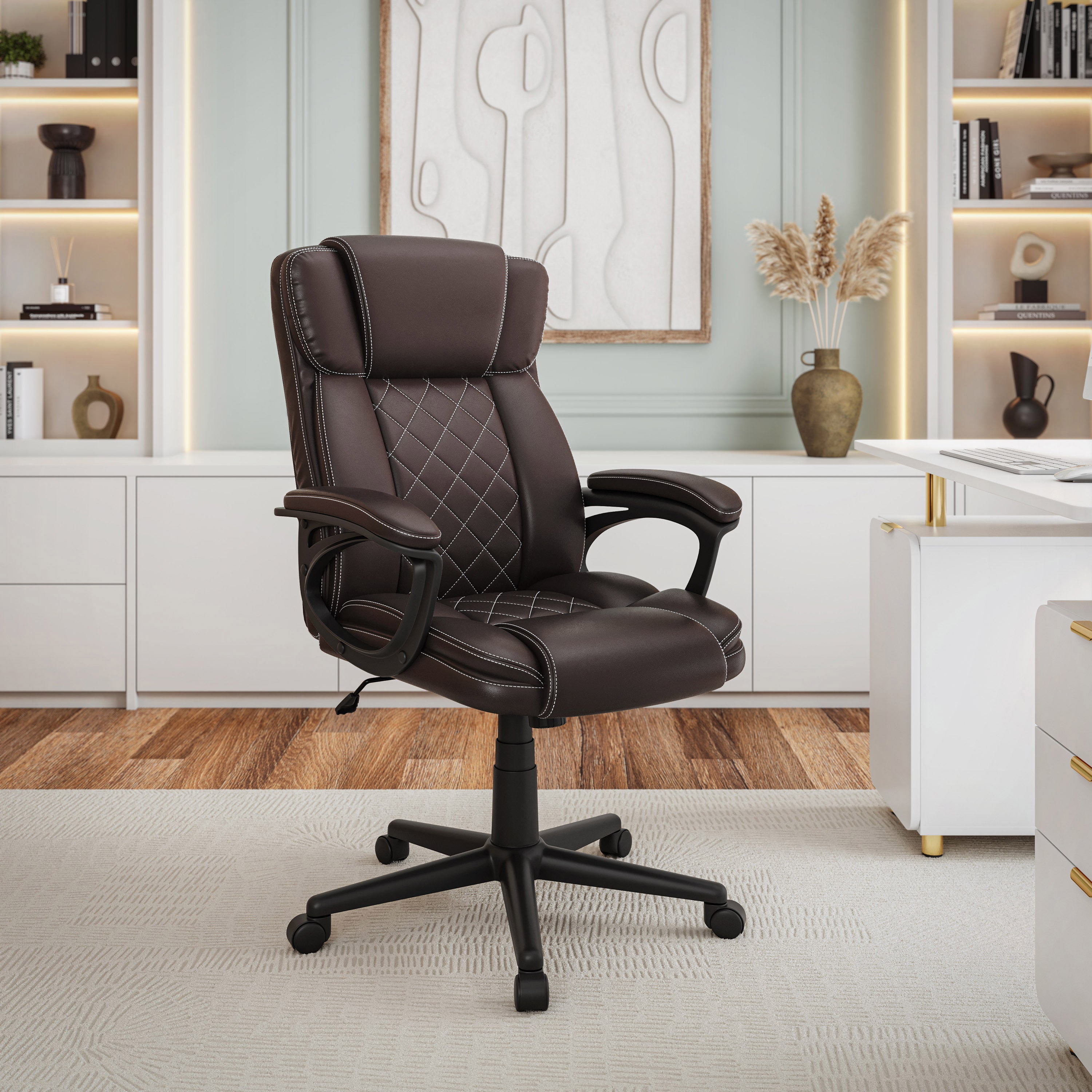 Brown Vegan Leather Office Chair, Height Adjustable, Reclining, 285 lb