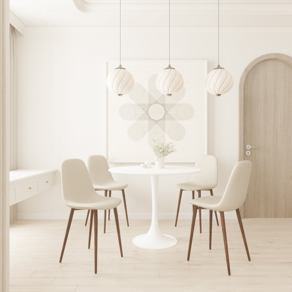 White tulip dining table with four cream chairs under three round pendant lights