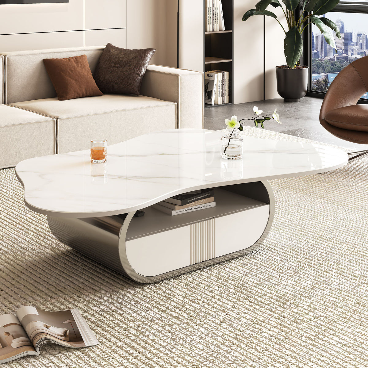 White and Silver Sintered Stone Curved Coffee Table with Storage, 41.7 in