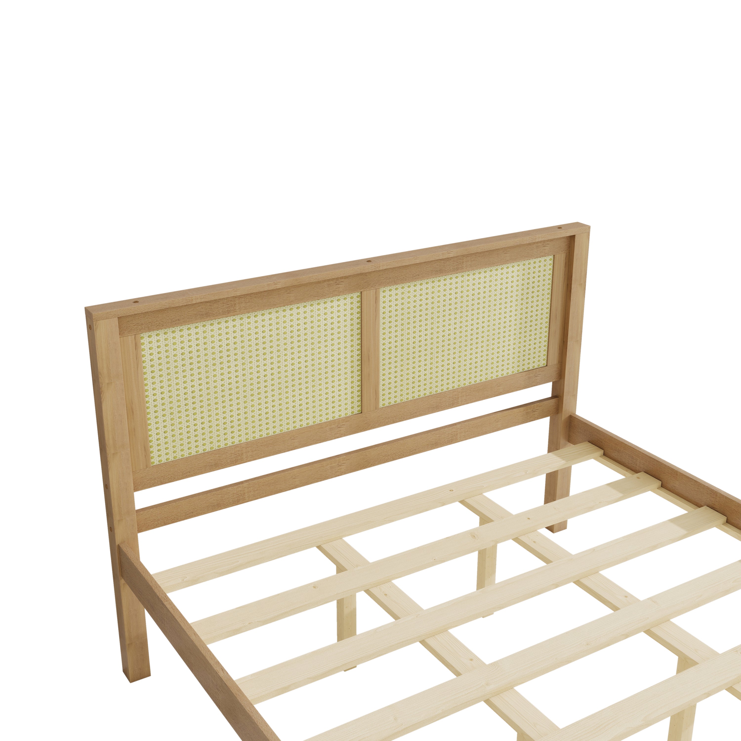 Front studio view of the wooden bed frame showing the woven cane headboard and wood slat base