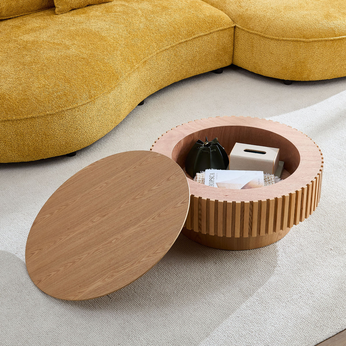 Natural Round Fluted Drum Coffee Table with Storage, 31.5 in