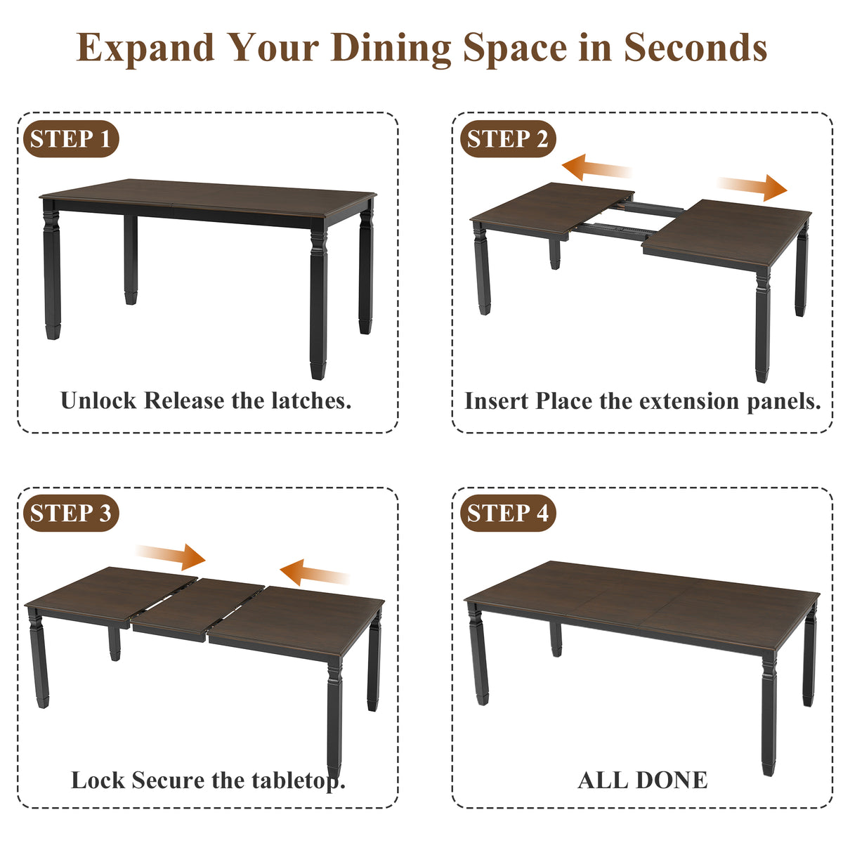 Four-step graphic showing how to open and extend the farmhouse dining table with its leaf