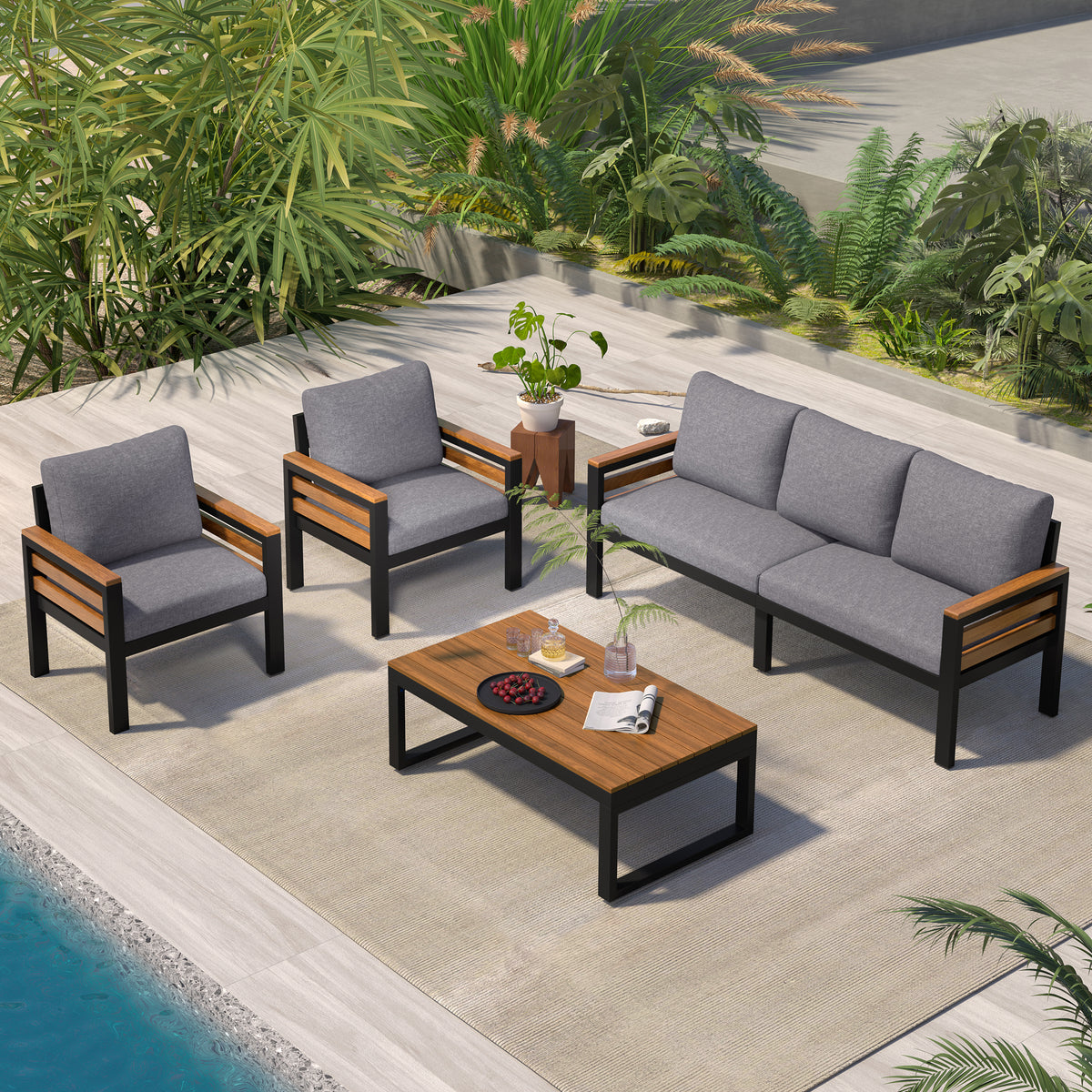 Gray Metal 4-Piece Outdoor Sofa Set for 5 with Cushions