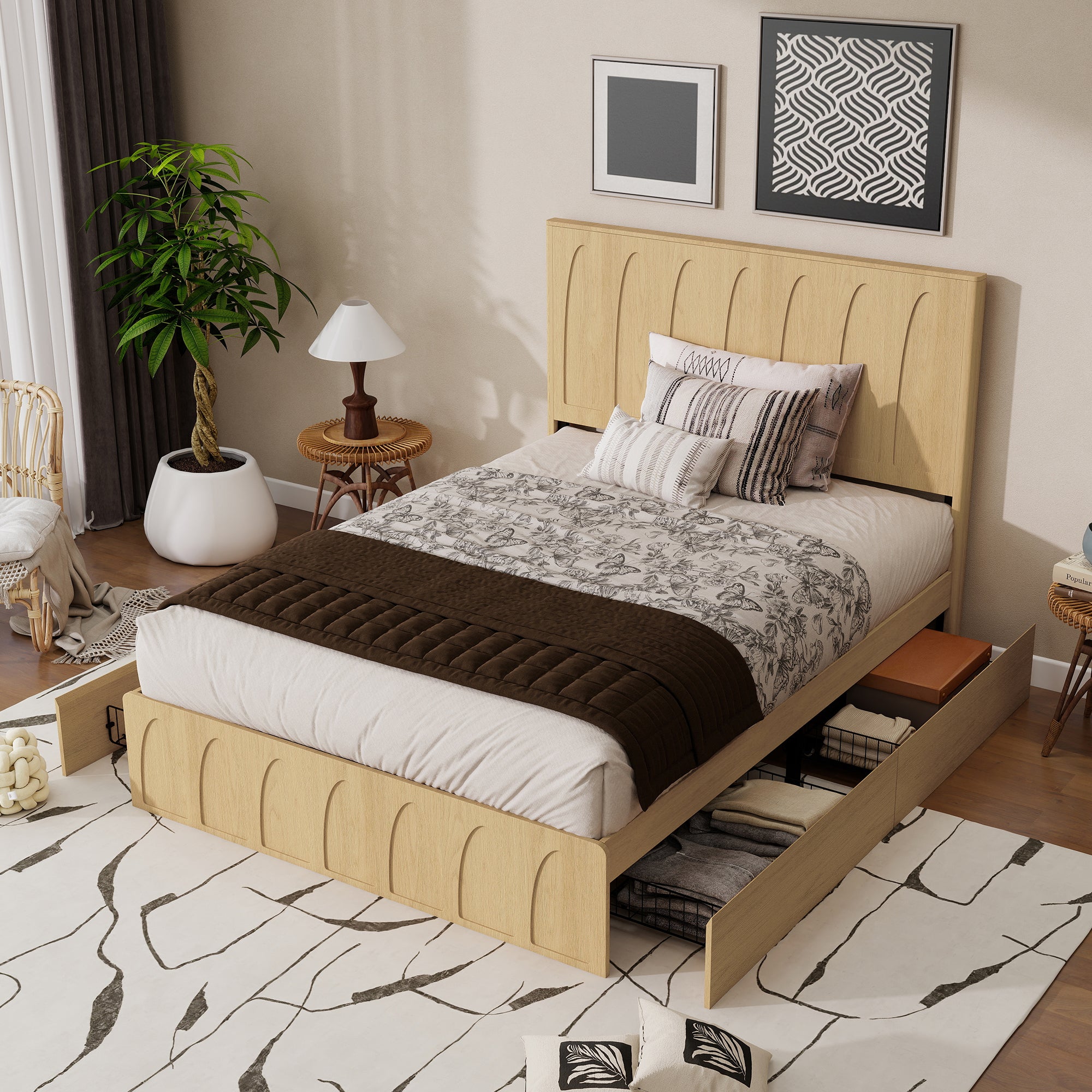Light oak queen storage bed with two side drawers pulled open holding folded clothes and baskets #Color_Oak