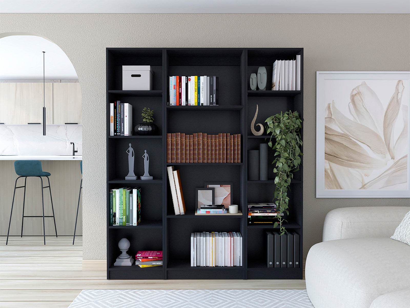 Modern Bookcase, 14 Shelves, 71.1 in Tall, Black, 60.1 in Wide