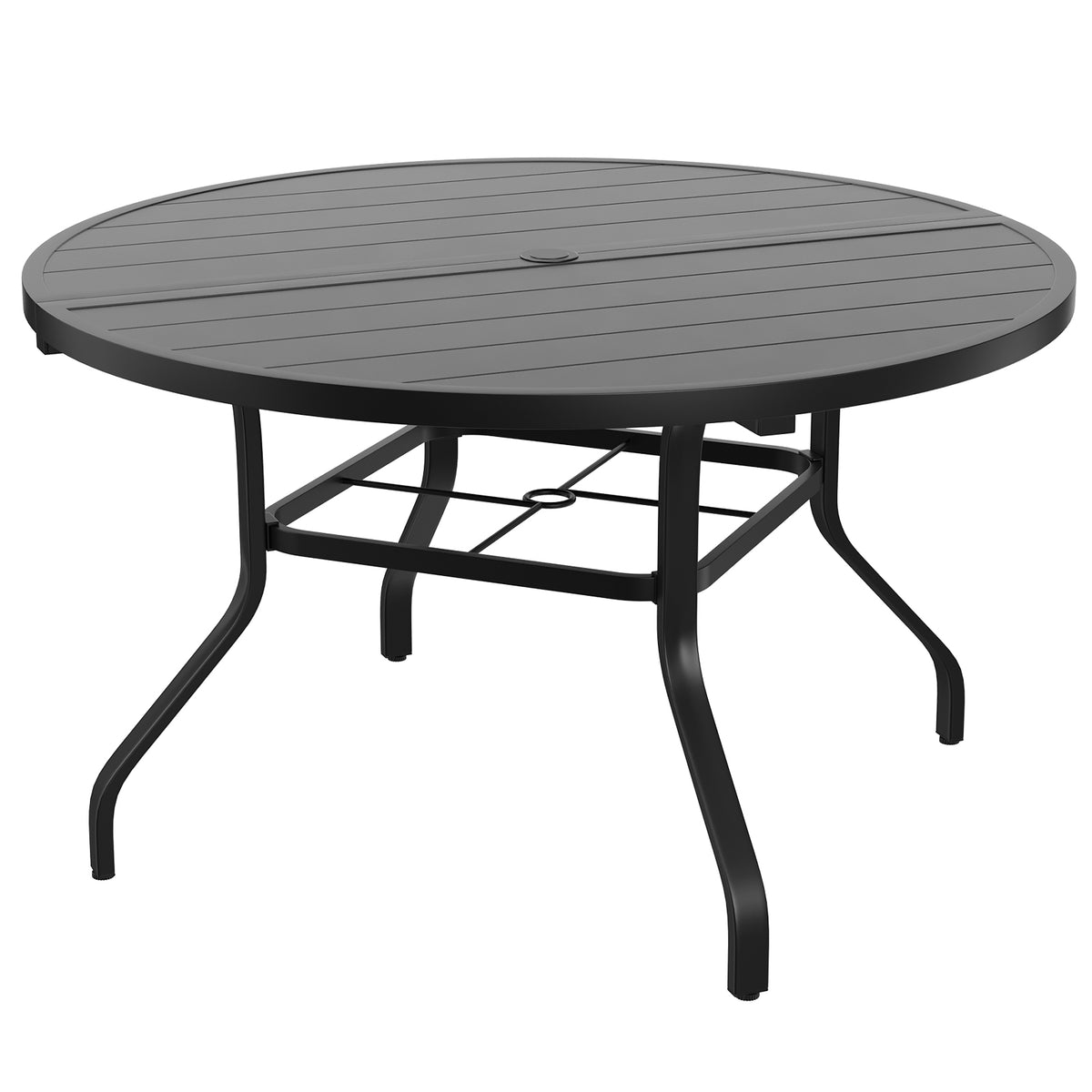 Black Metal Round Outdoor Dining Table with Umbrella Hole, 47 in Wide