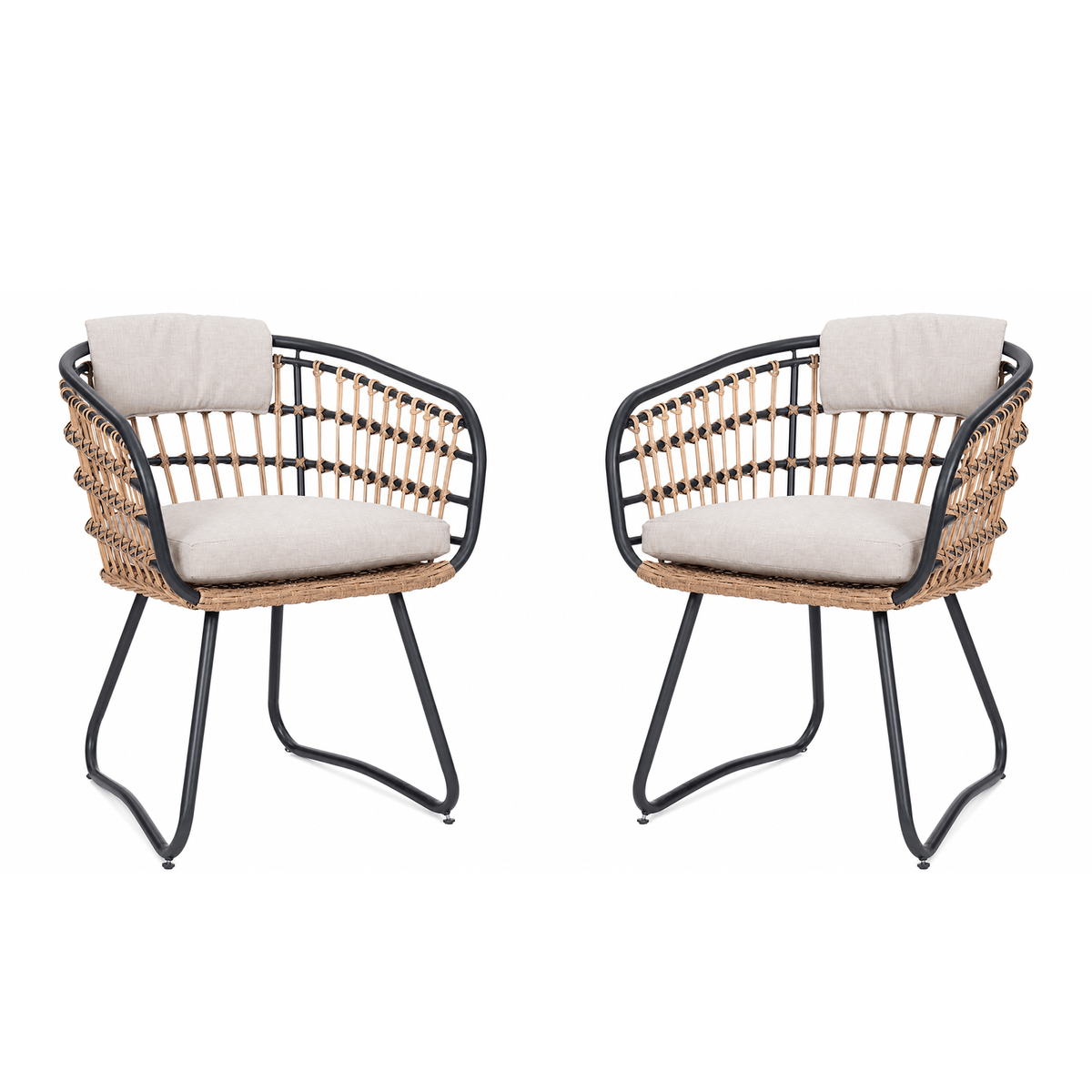 Beige Wicker Outdoor Dining Chair with Cushions, Set of 2