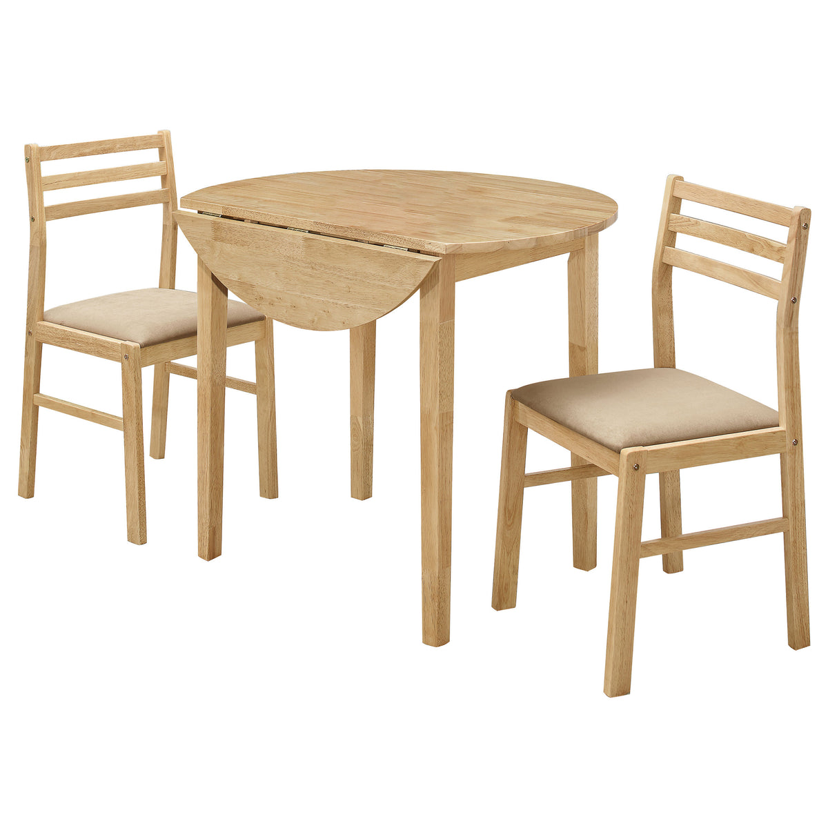 3-Piece Round Drop-Leaf Dining Set for 2, Natural Wood + 2 Chairs