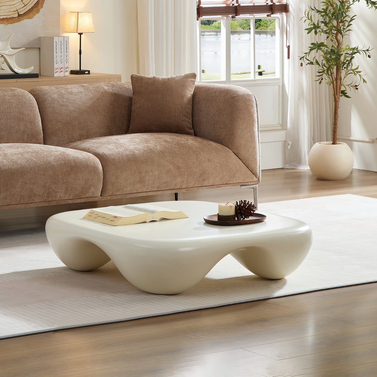 Cream Fiberglass Sculptural Square Coffee Table, 39.4 in