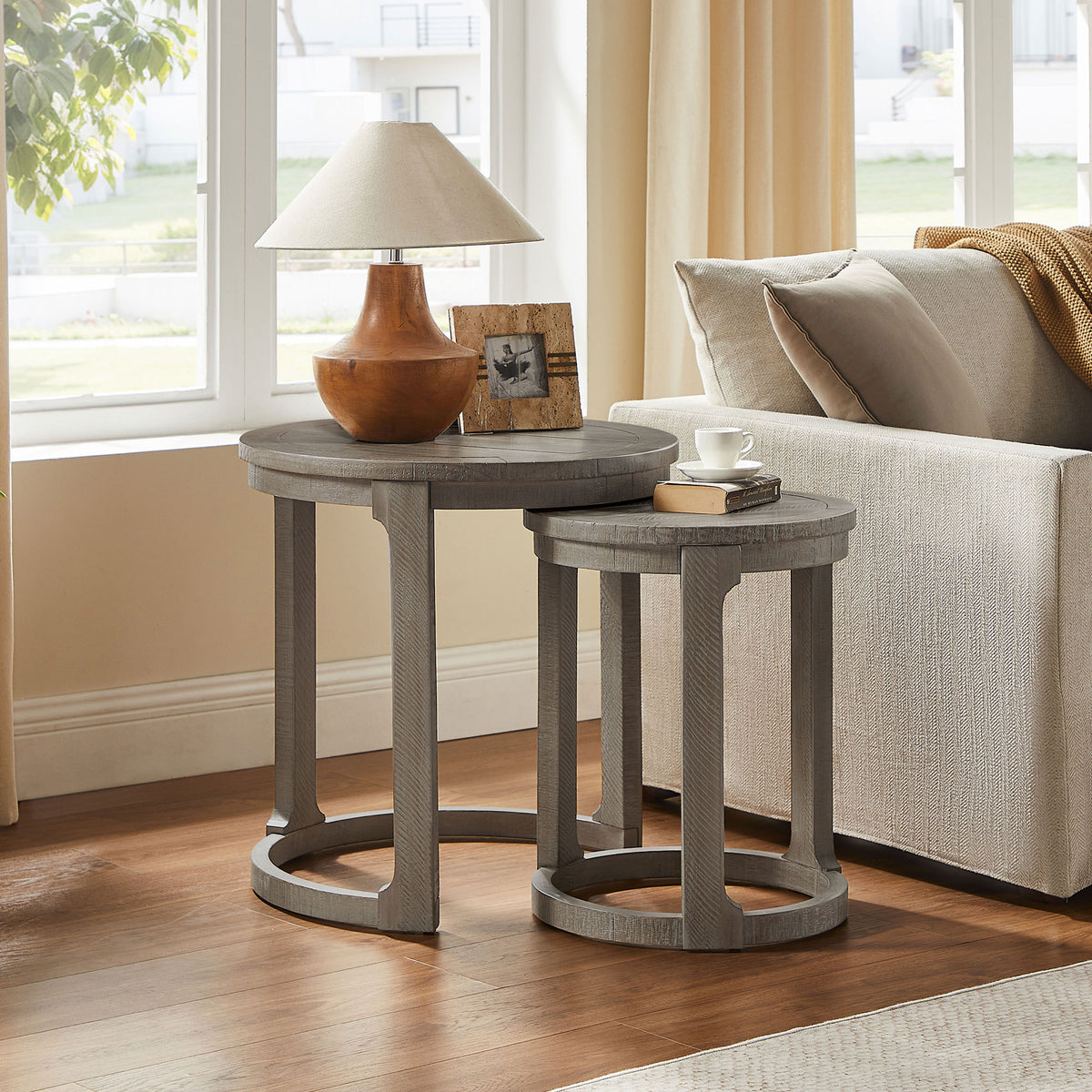 Gray Rustic Round Nesting Tables, Set of 2, 24 in