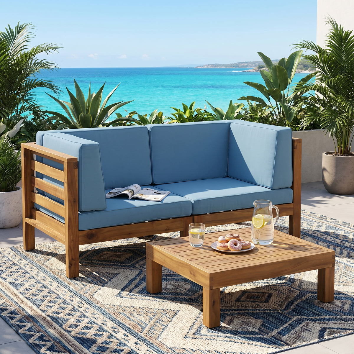 Solid Wood 3-Piece Outdoor Sofa Set for 2 with Blue Cushions
