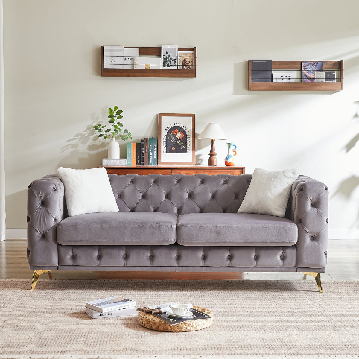 Gray Velvet 3-Seat Tufted Chesterfield Sofa, 82.5 in Wide