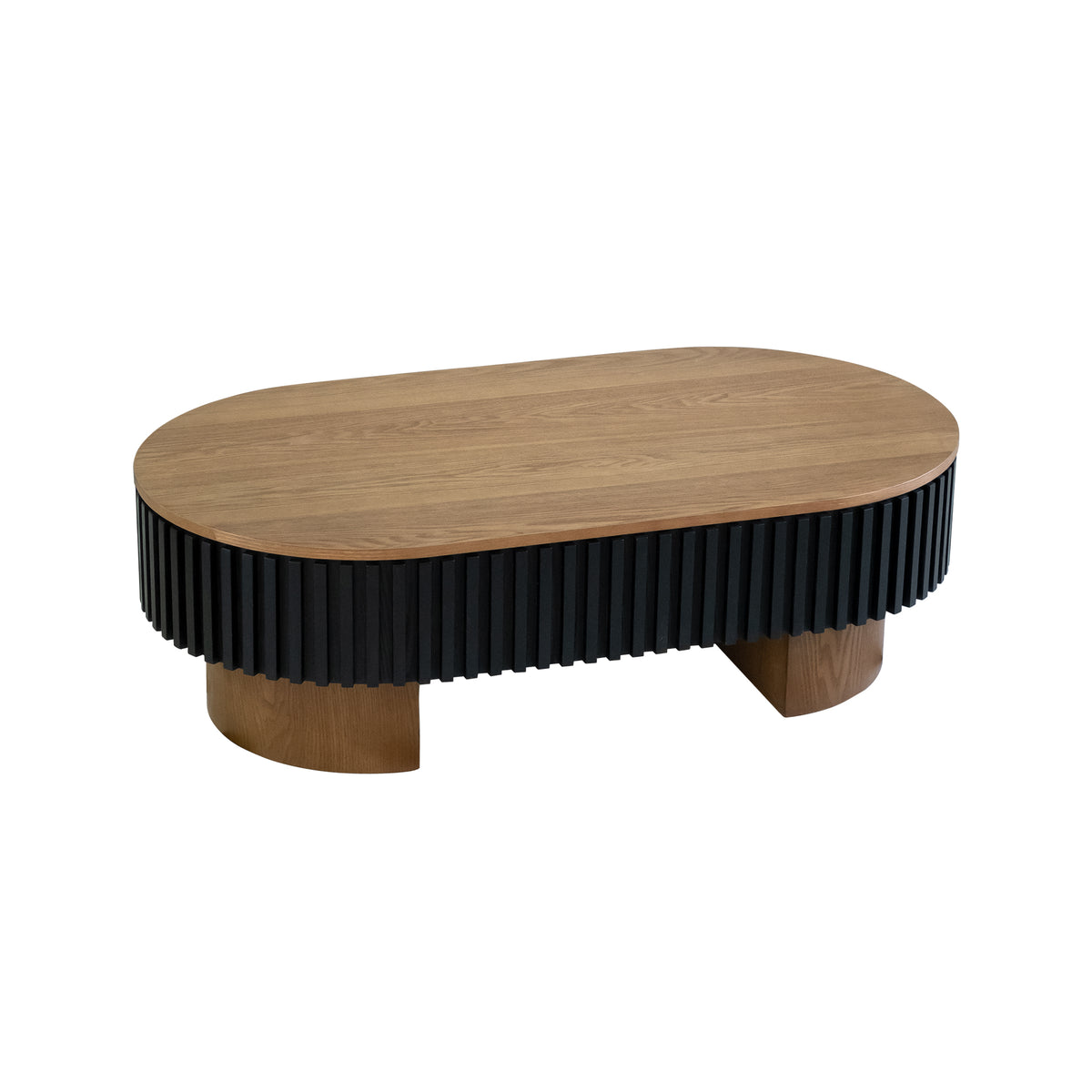 Walnut and Black Fluted Oval Coffee Table with Storage, 43.7 in