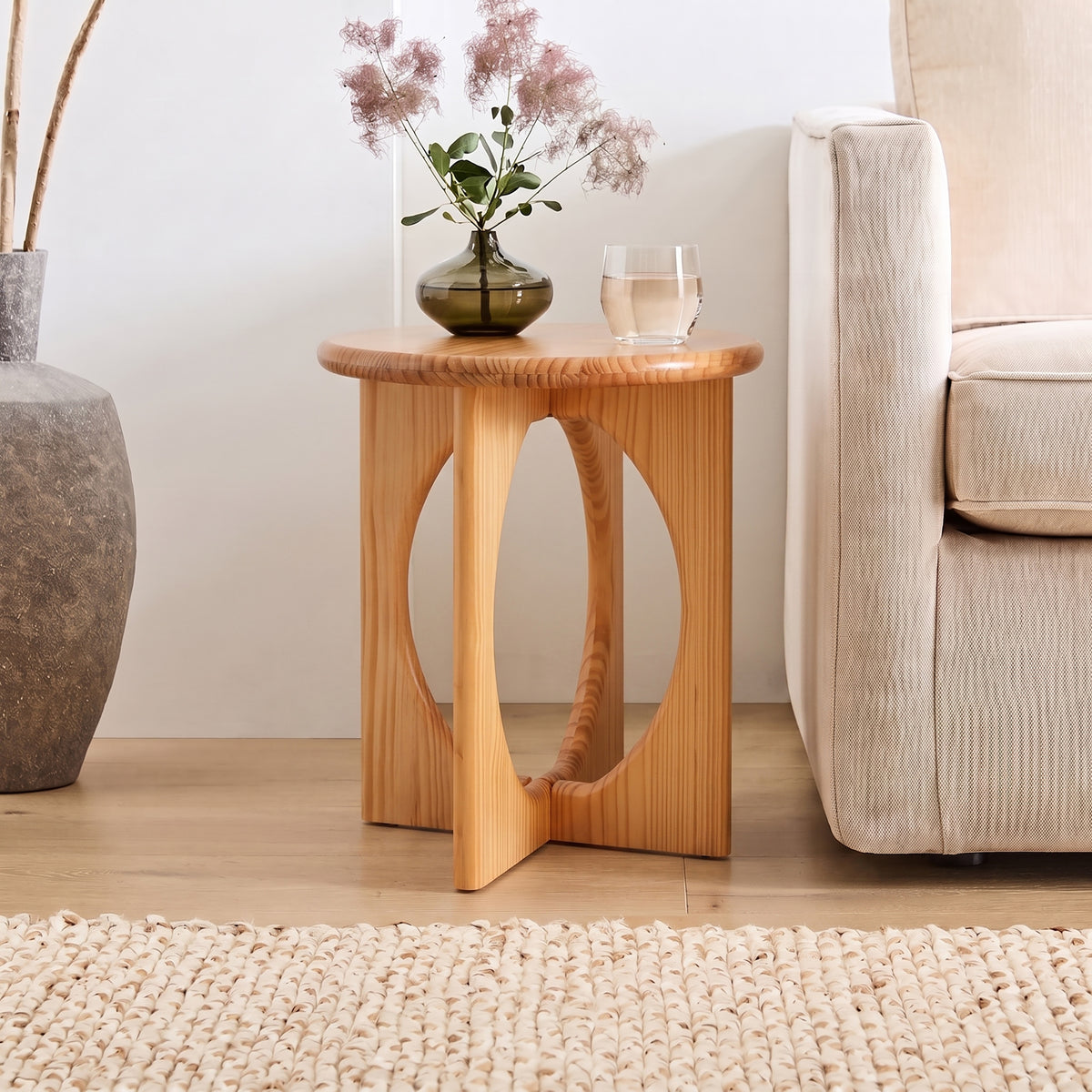 Natural Solid Pine Round Cross-Leg Side Table, 17.7 in