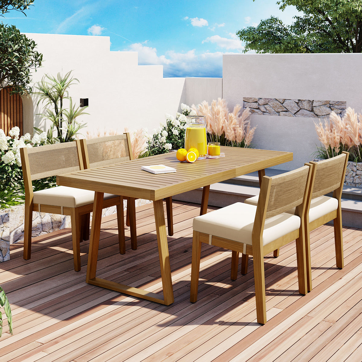 Solid Wood Patio Dining Set for 4 with Cushions