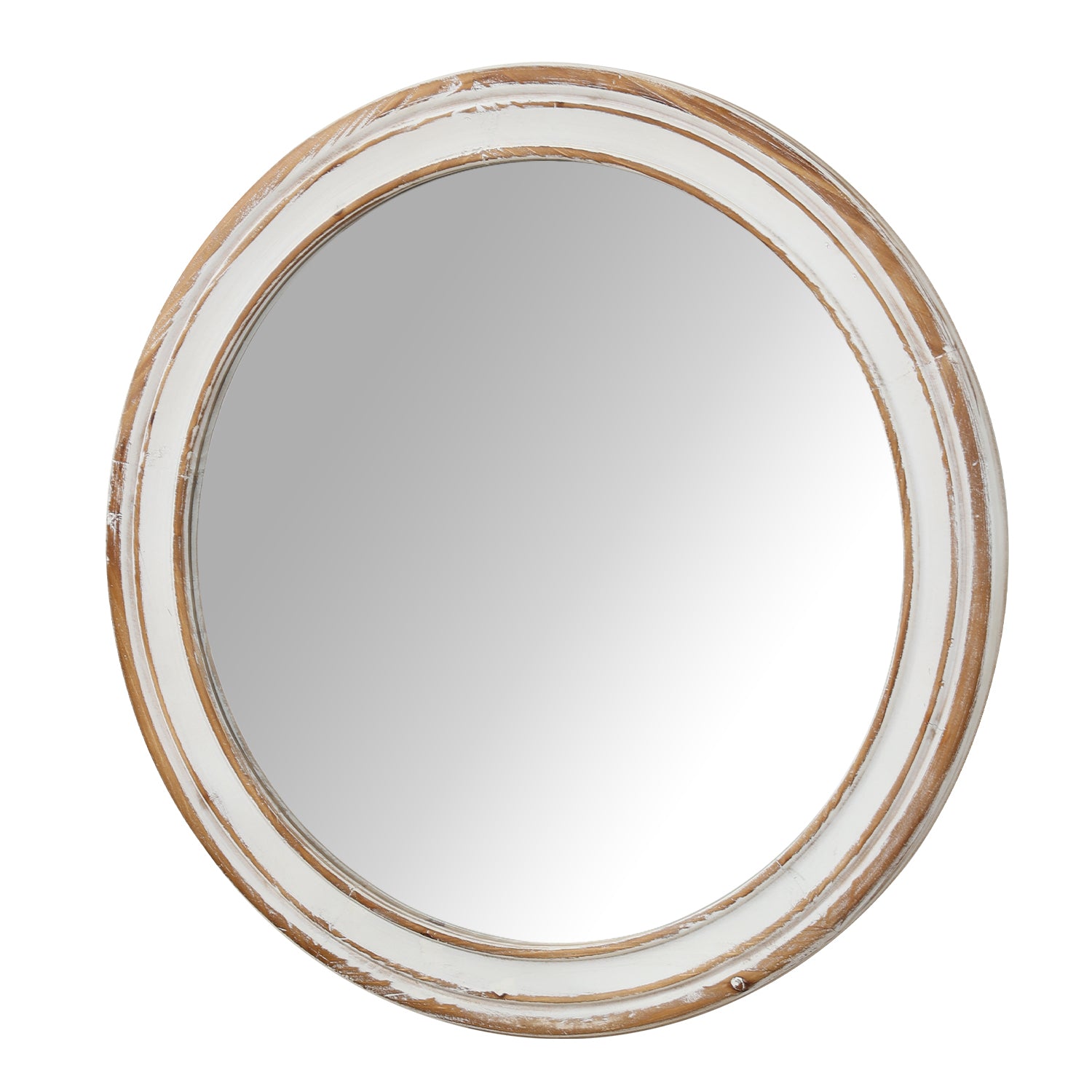 35.43 Inch Round Mirror, Distressed Antique Natural Frame