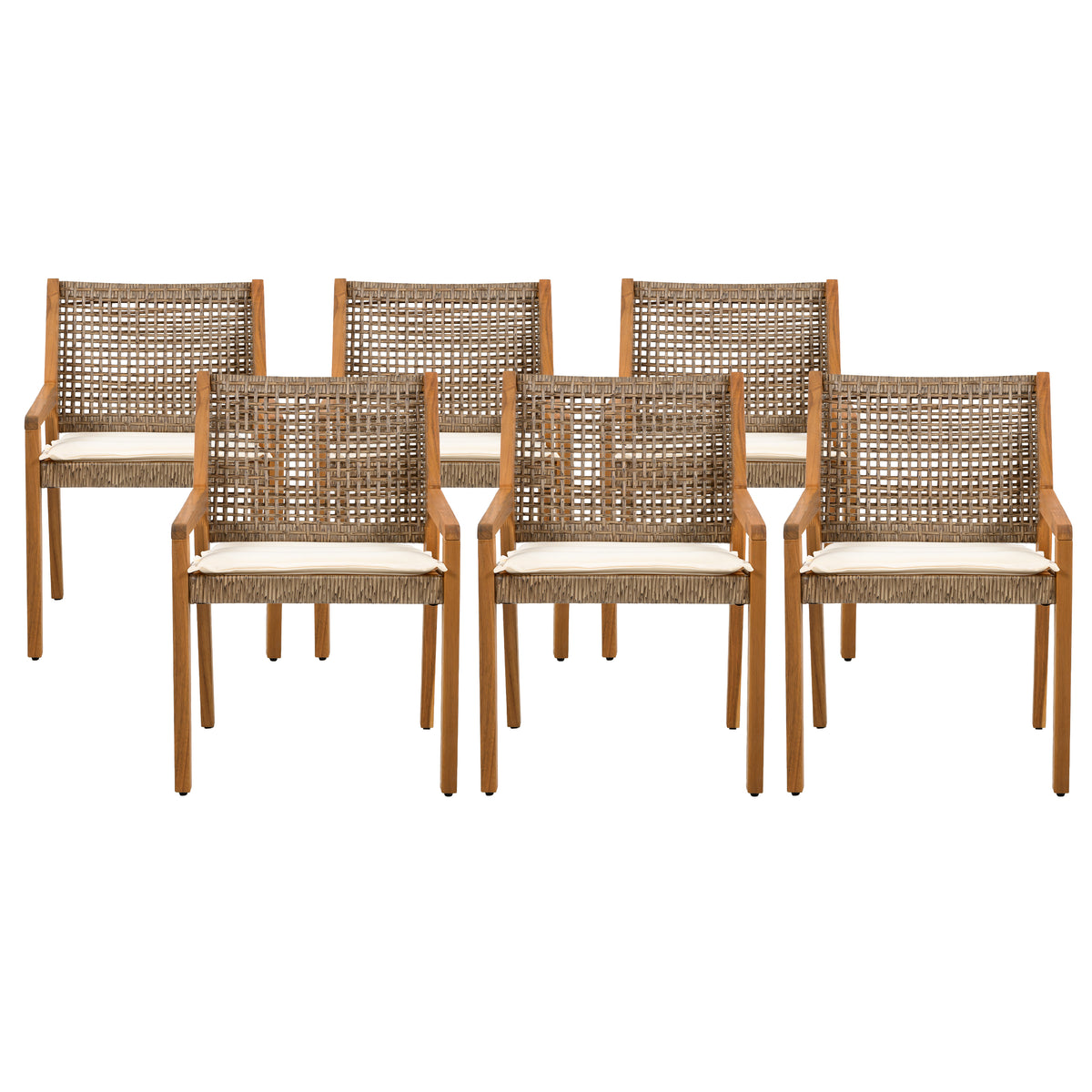 Teak Finish Solid Wood Outdoor Dining Chair with Cushions, Set of 6