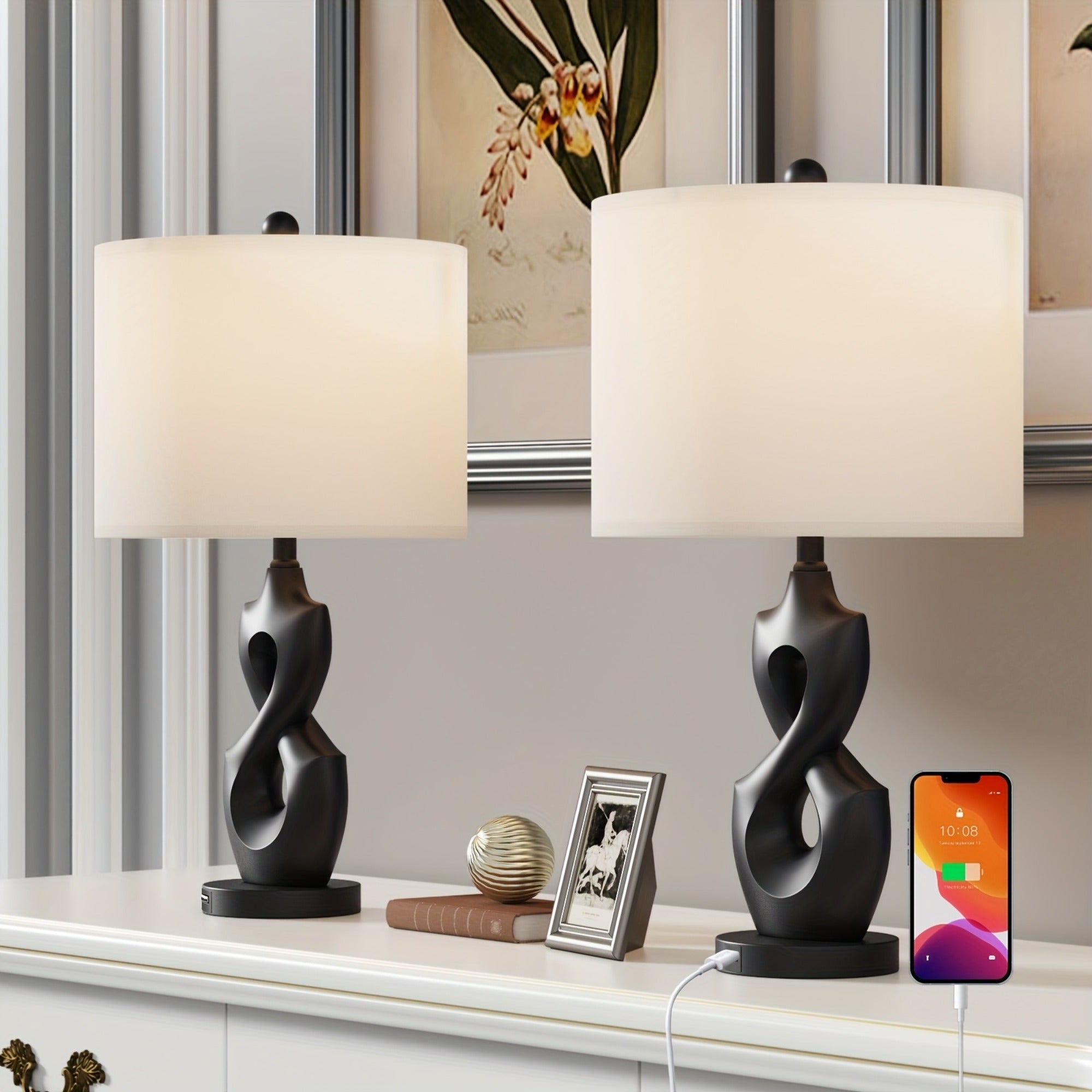Black Dimmable Table Lamp, 24 in, Ceramic with White Linen Shade
