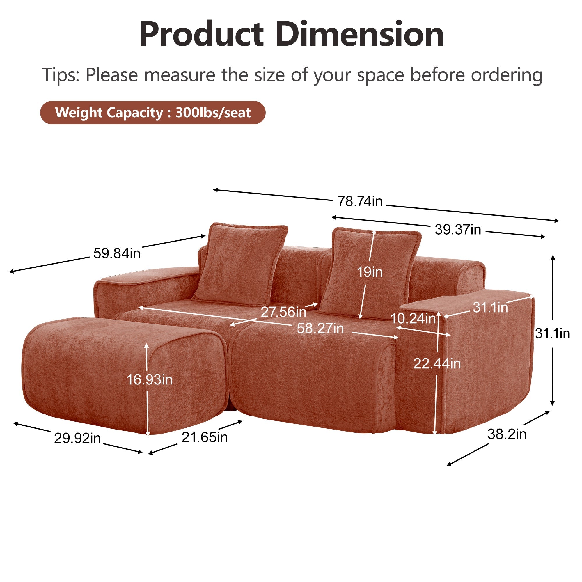 Seneca 2-Seat Boneless Couch in Terracotta #OttOnly_1 #Color_Terracotta