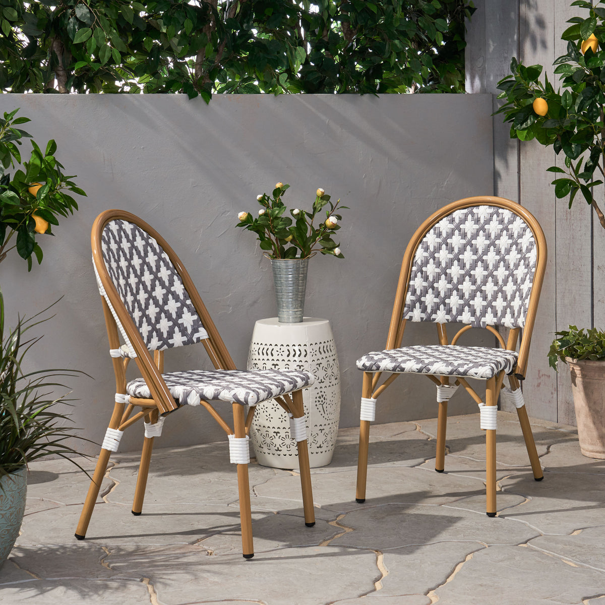 Aluminum Outdoor Dining Chair, Set of 2, 35 in Tall, White and Gray