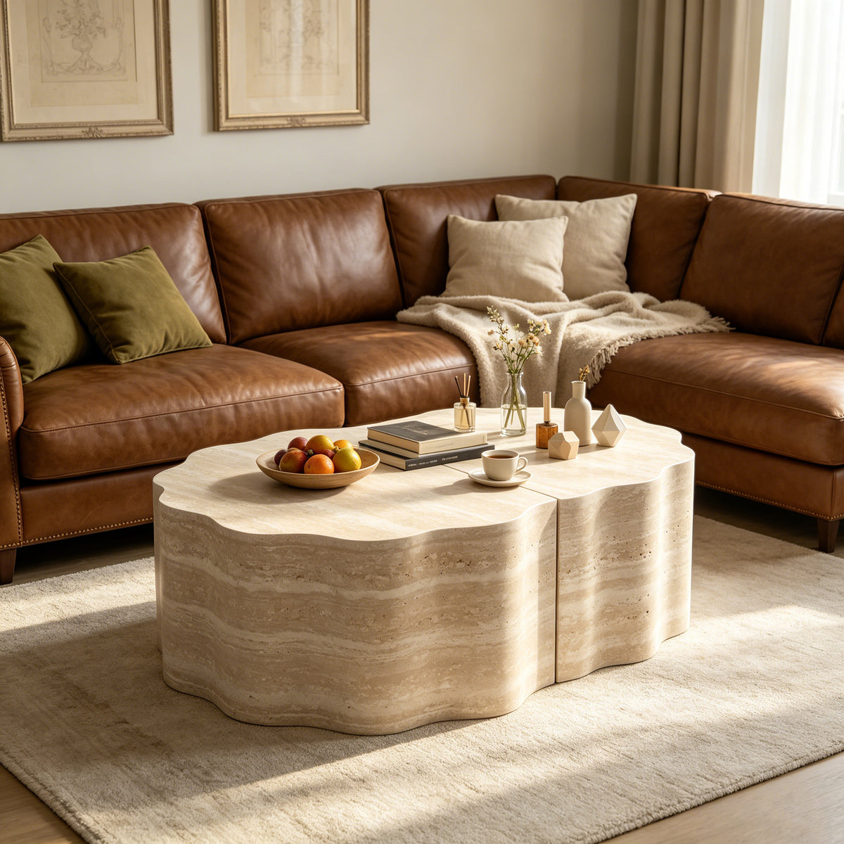 Beige Travertine-Look Wavy Plinth Coffee Table, Set of 2