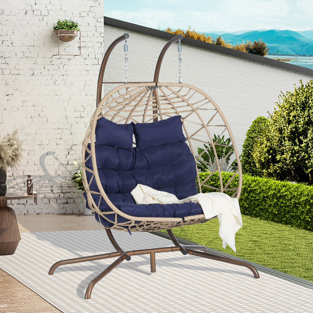 Blue Wicker 2-Person Hanging Egg Chair with Stand