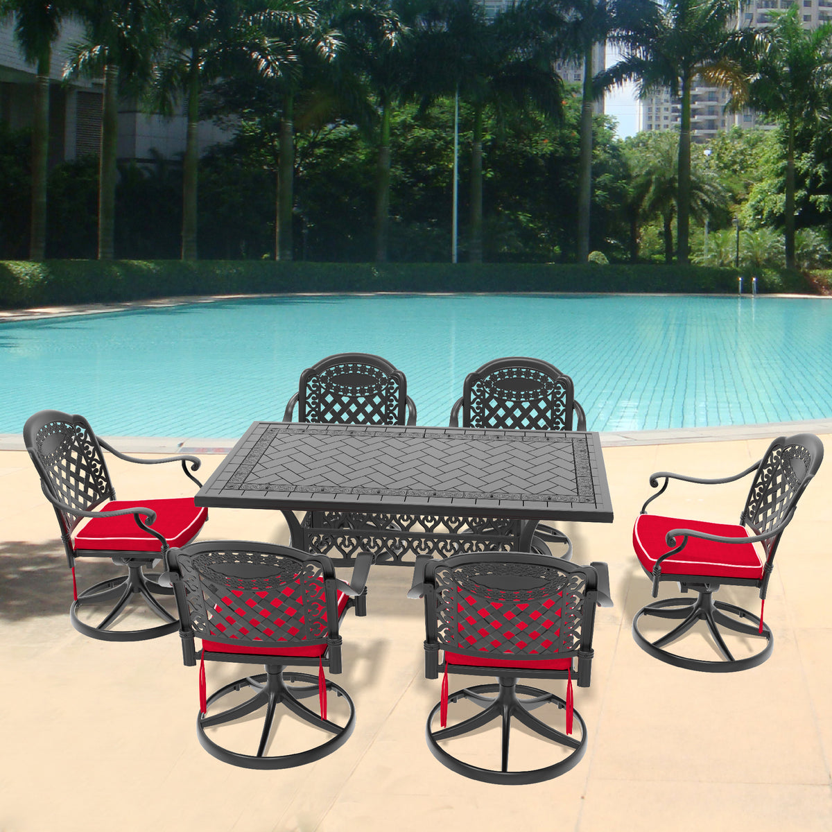 Black Aluminum 7-Piece Patio Dining Set for 6 with Cushions