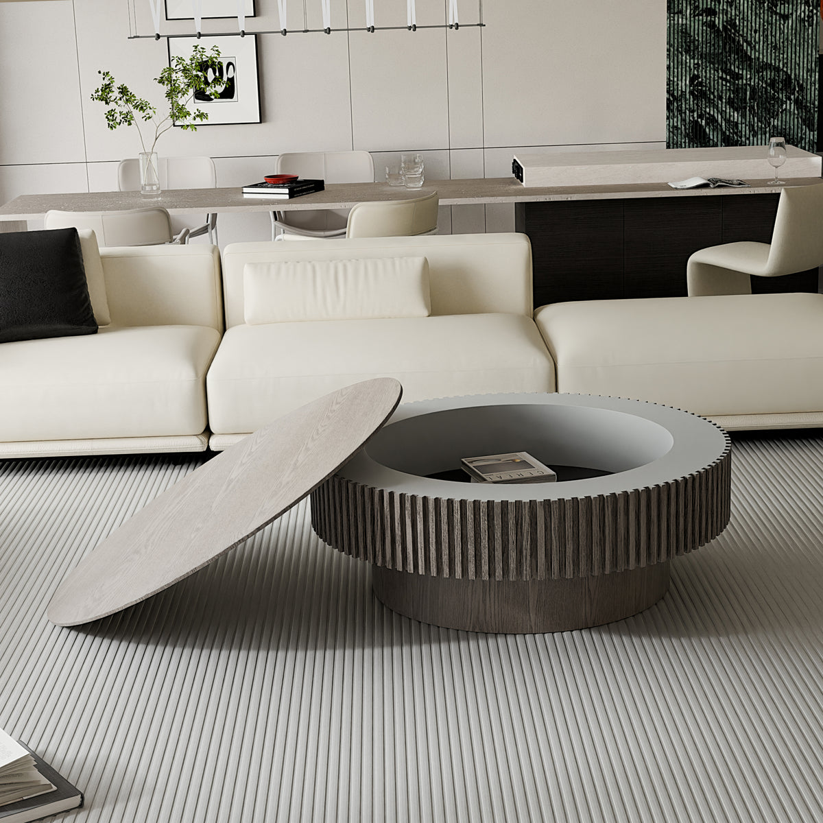 Gray Fluted Round Coffee Table with Storage, 39.4 in