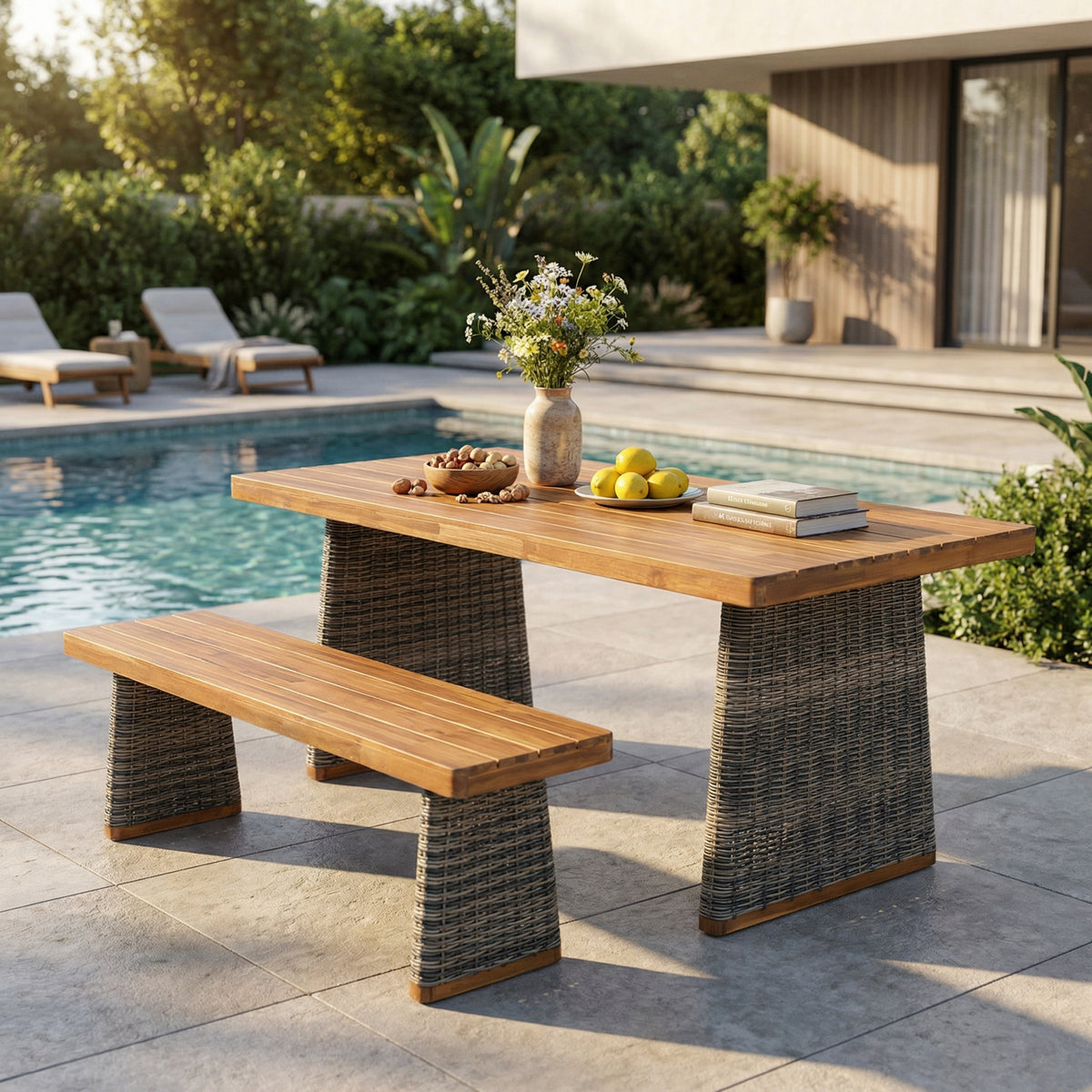 Teak Finish Solid Wood Patio Dining Set