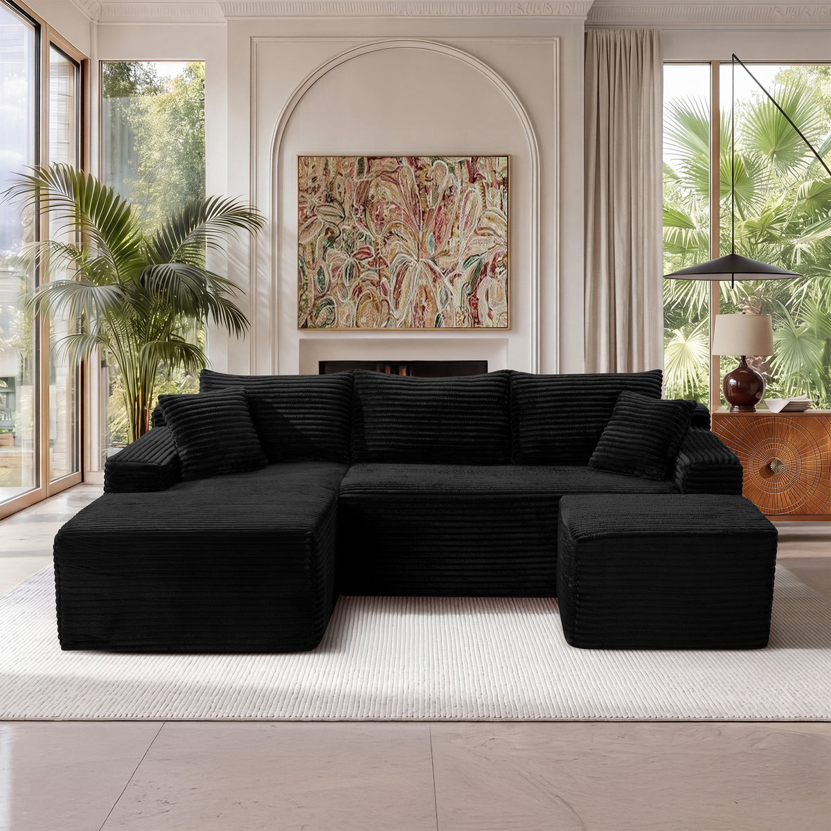 Black Corduroy U-Shaped Modular Sectional, 94.5 in Wide, Left-Facing
