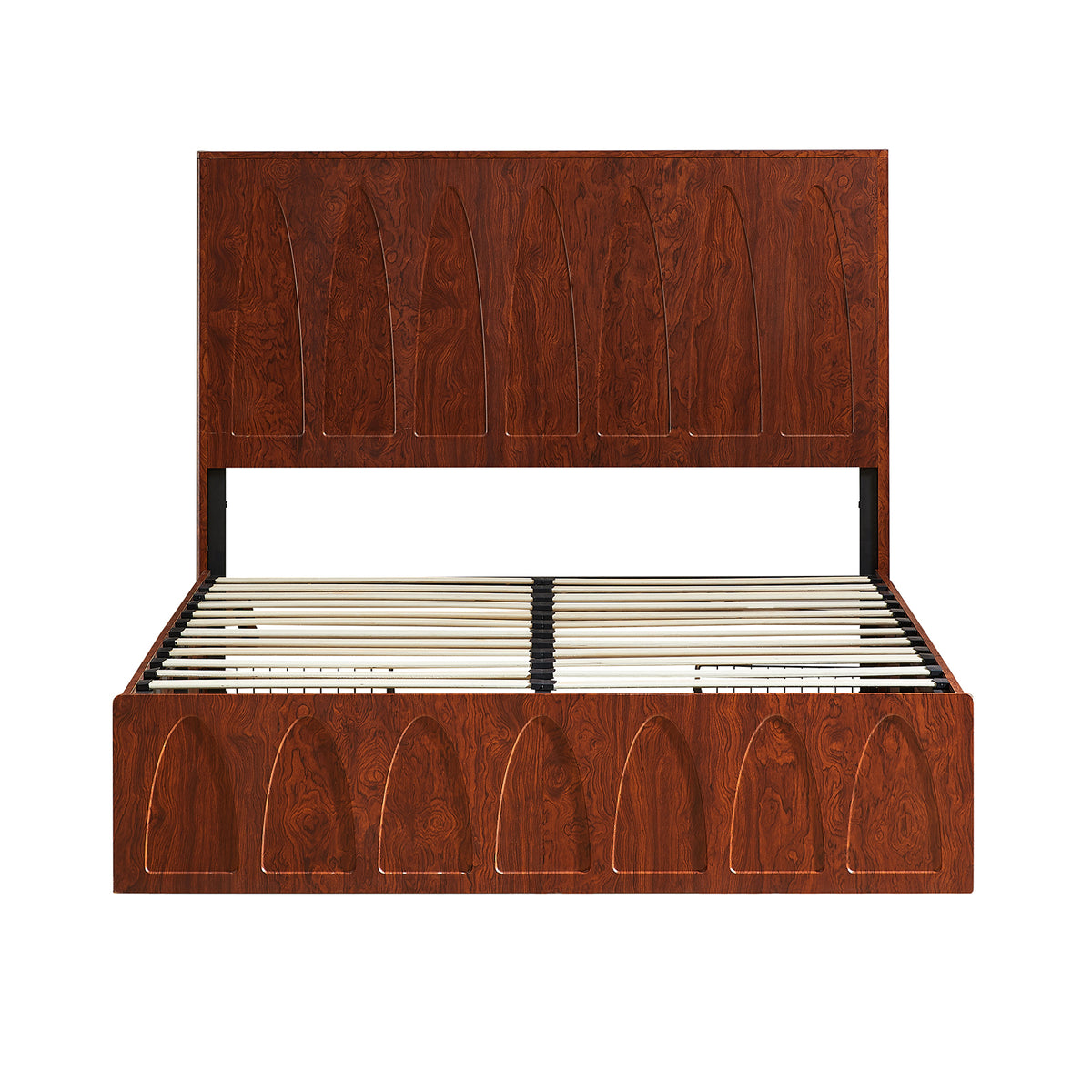 Front bare dark reddish-brown wood queen frame with exposed slats and arched headboard, on white