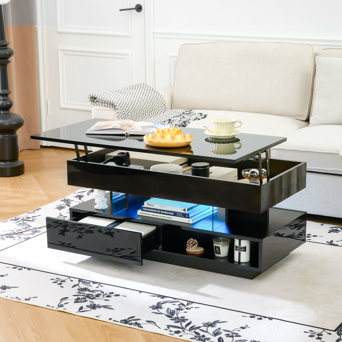 Black Lift-Top Coffee Table with LED Lights and Drawers, 39.4 in