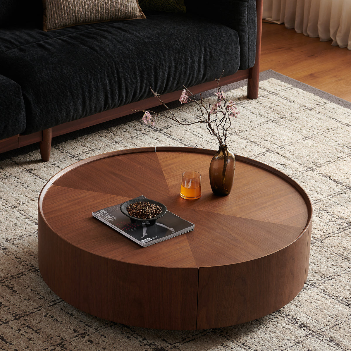 Walnut Round Drum Coffee Table with Storage, 39.4 in