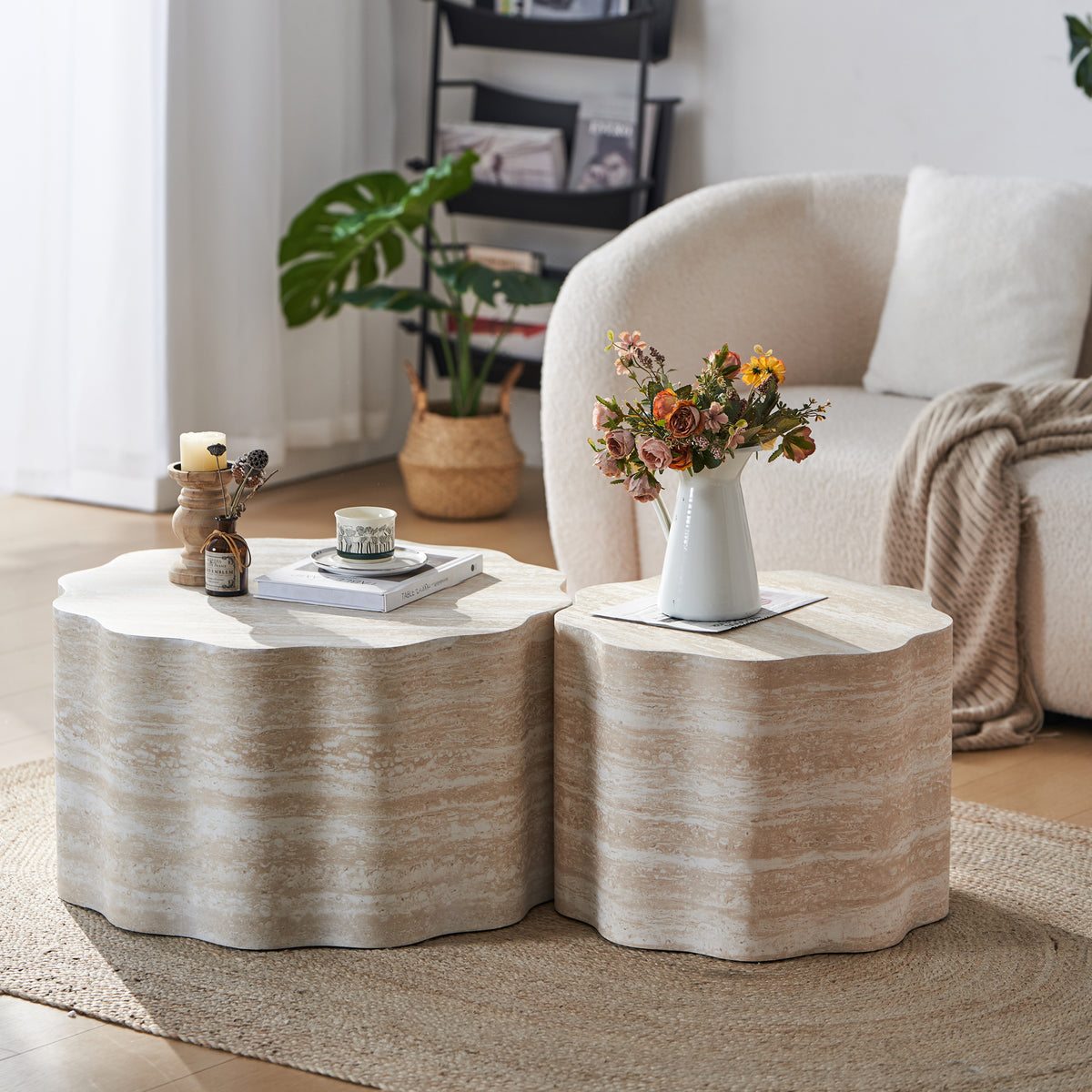 Beige Travertine-Look Scalloped Coffee Table, Set of 2, 26.8 in