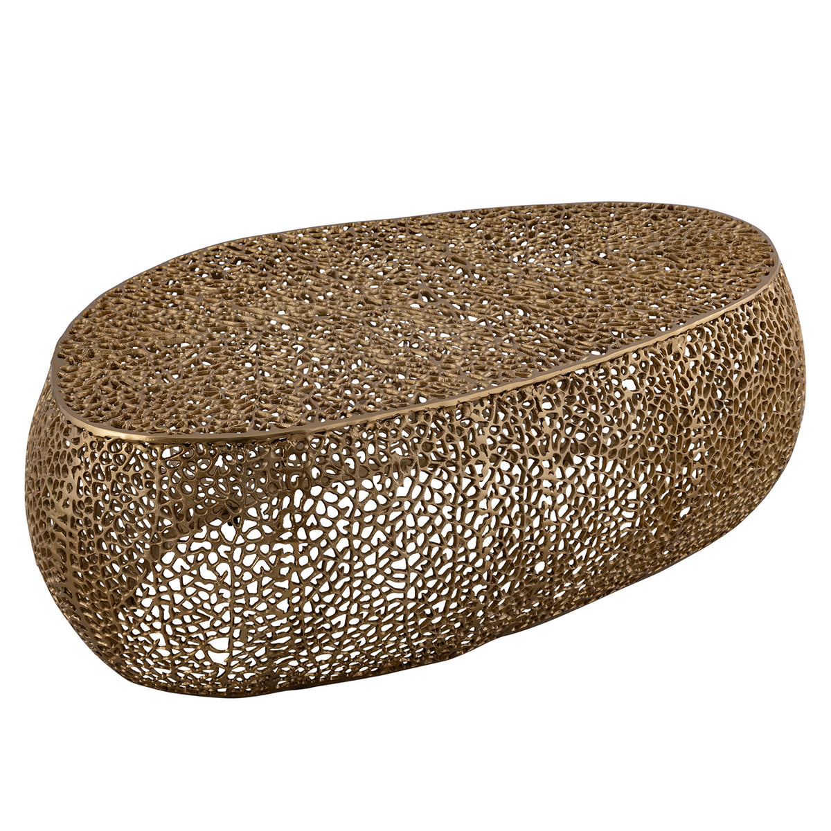 Gold Cast Aluminum Openwork Oval Coffee Table, 29 in