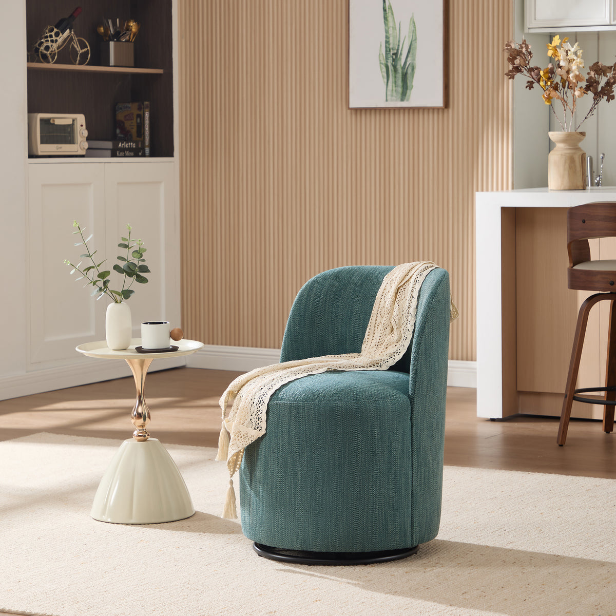 Linen Barrel Swivel Dining Chair, Dark Green with 360 Swivel
