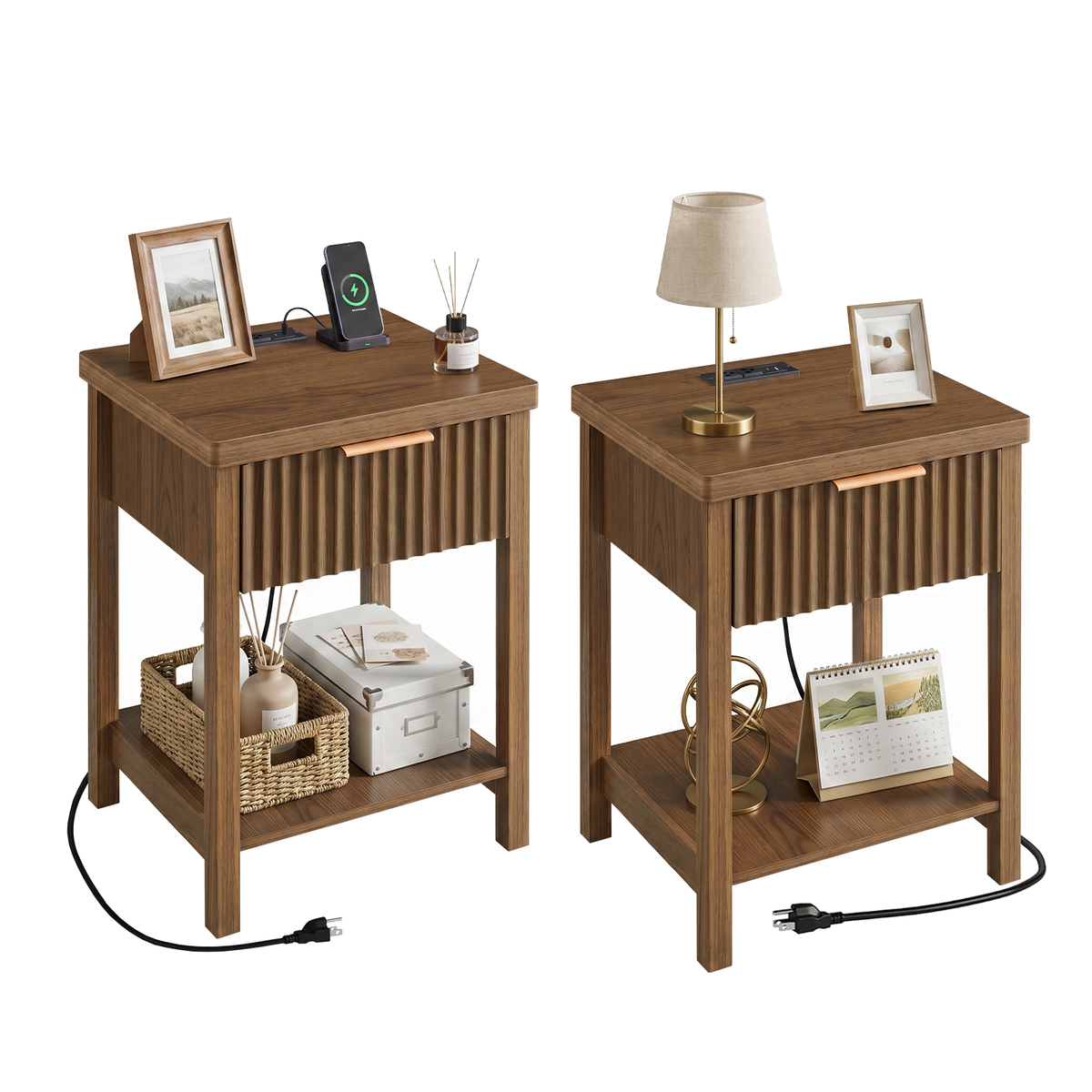 Walnut Fluted 1-Drawer Nightstand with Charging Station, Set of 2