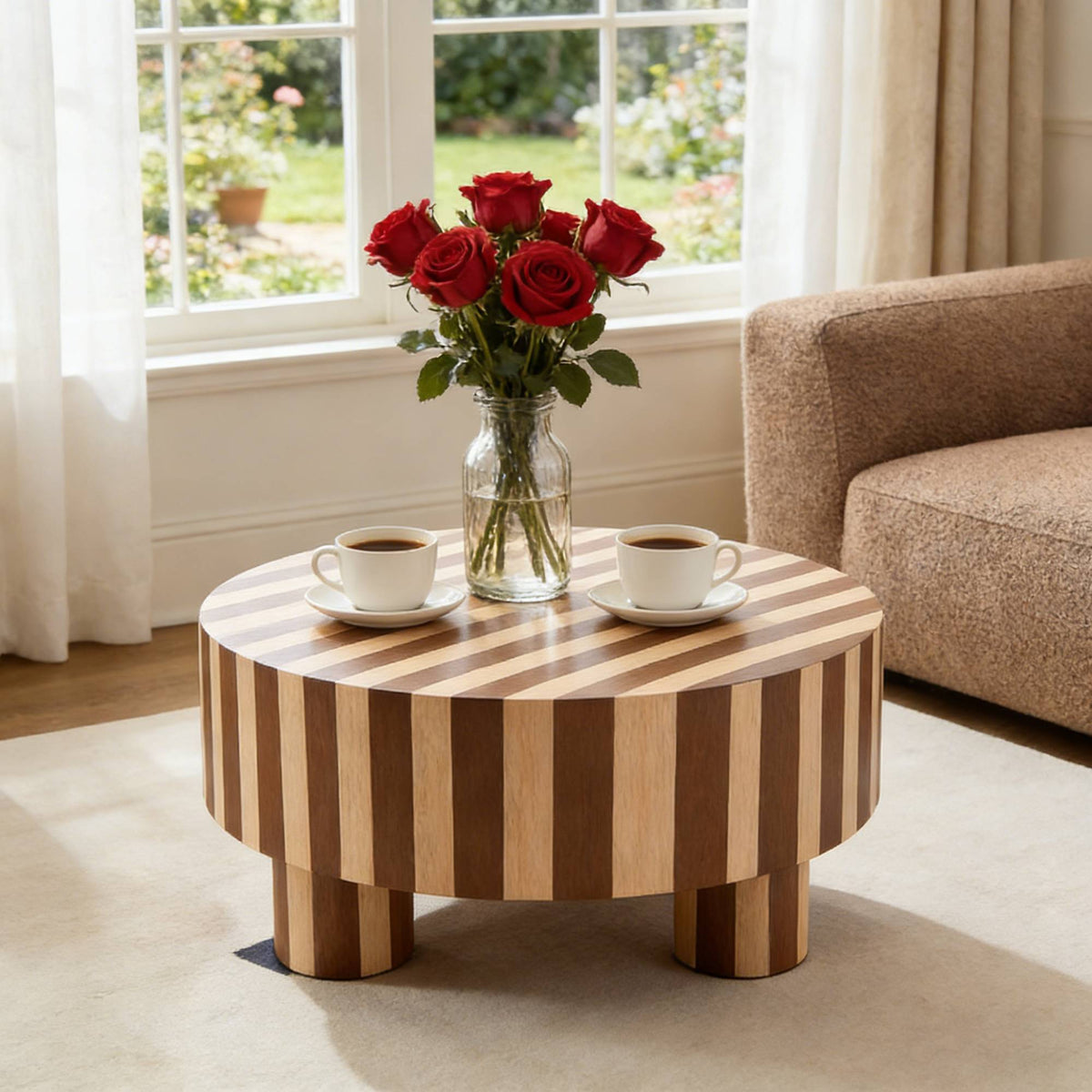 Whitewash and Walnut Striped Round Coffee Table, 31.5 in