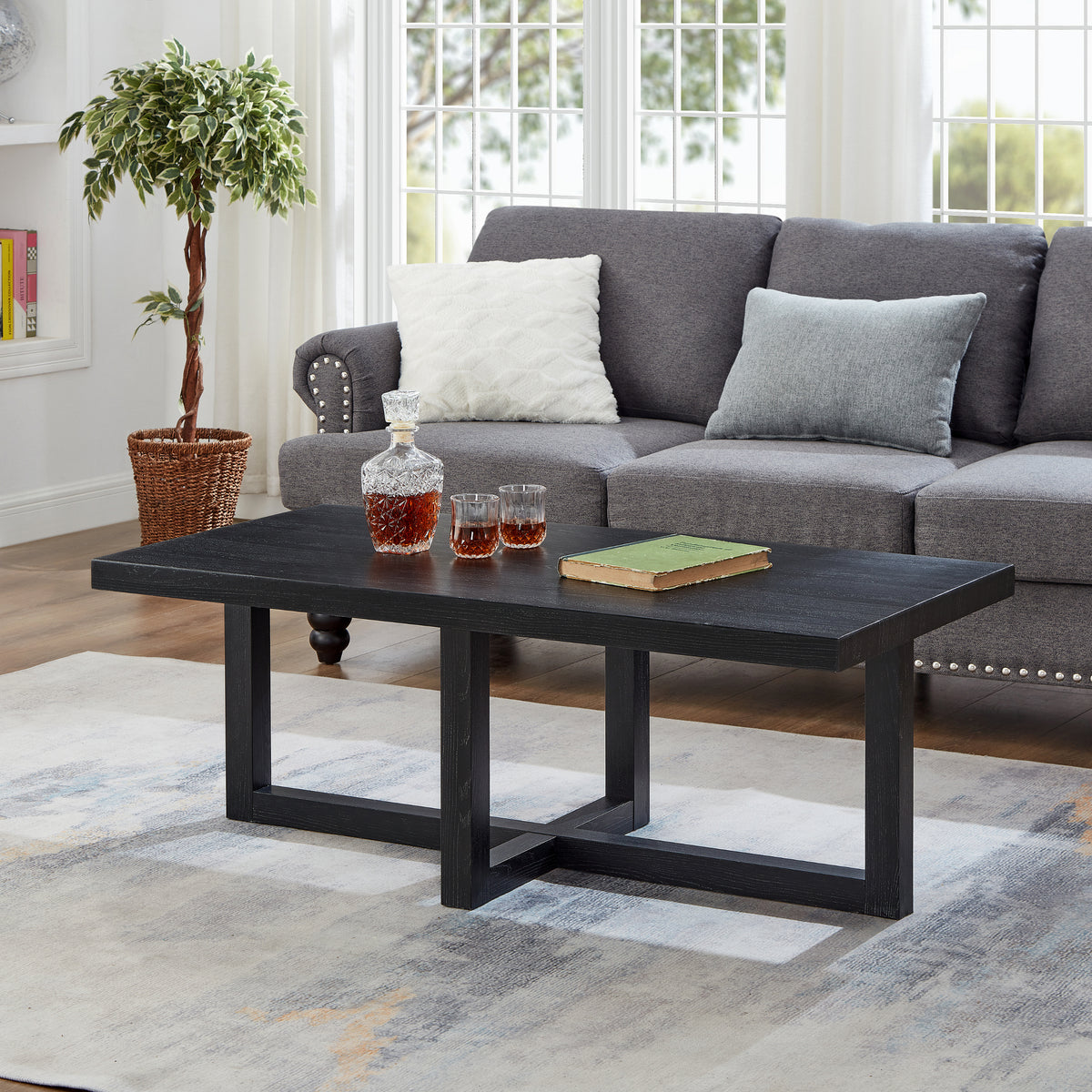 Black Wood-Grain Cross-Base Rectangular Coffee Table, 47.5 in