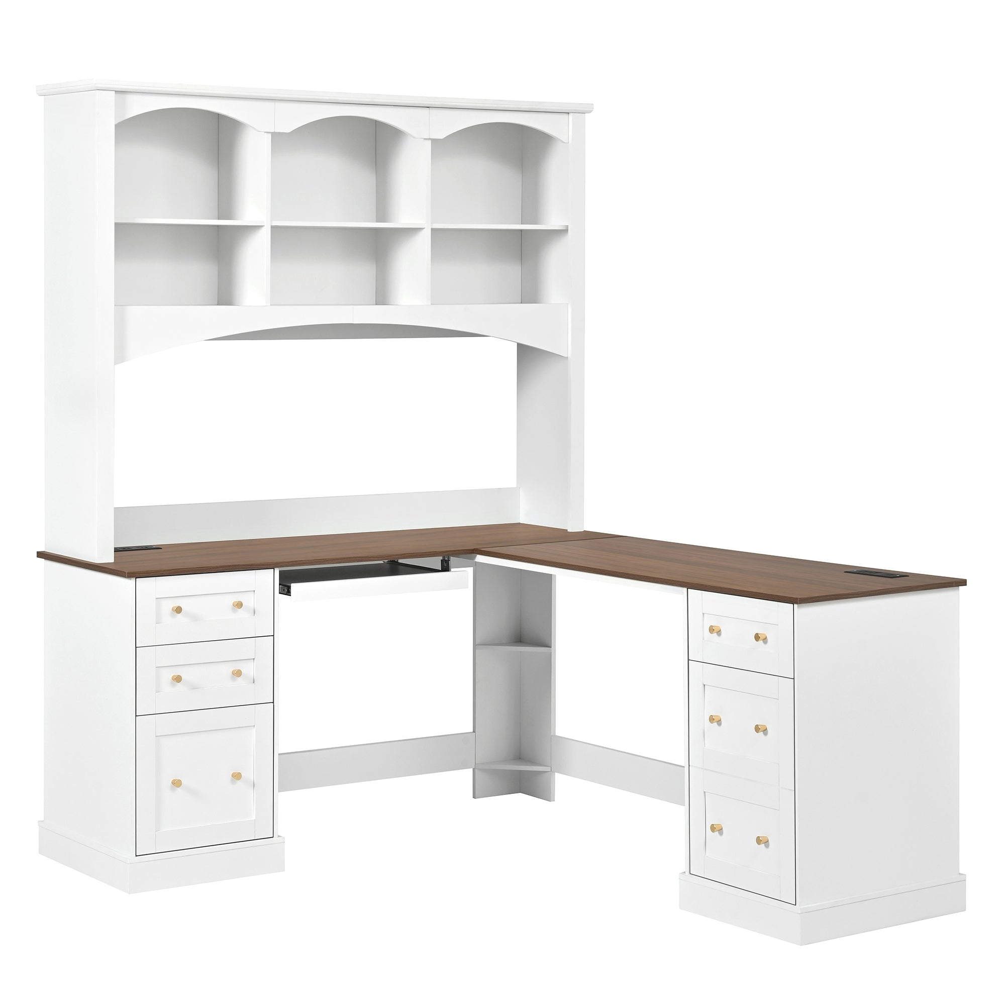 Farmhouse Computer Desk, Charging Station, 3 Shelves, L-Shaped, 68.9 in, Walnut
