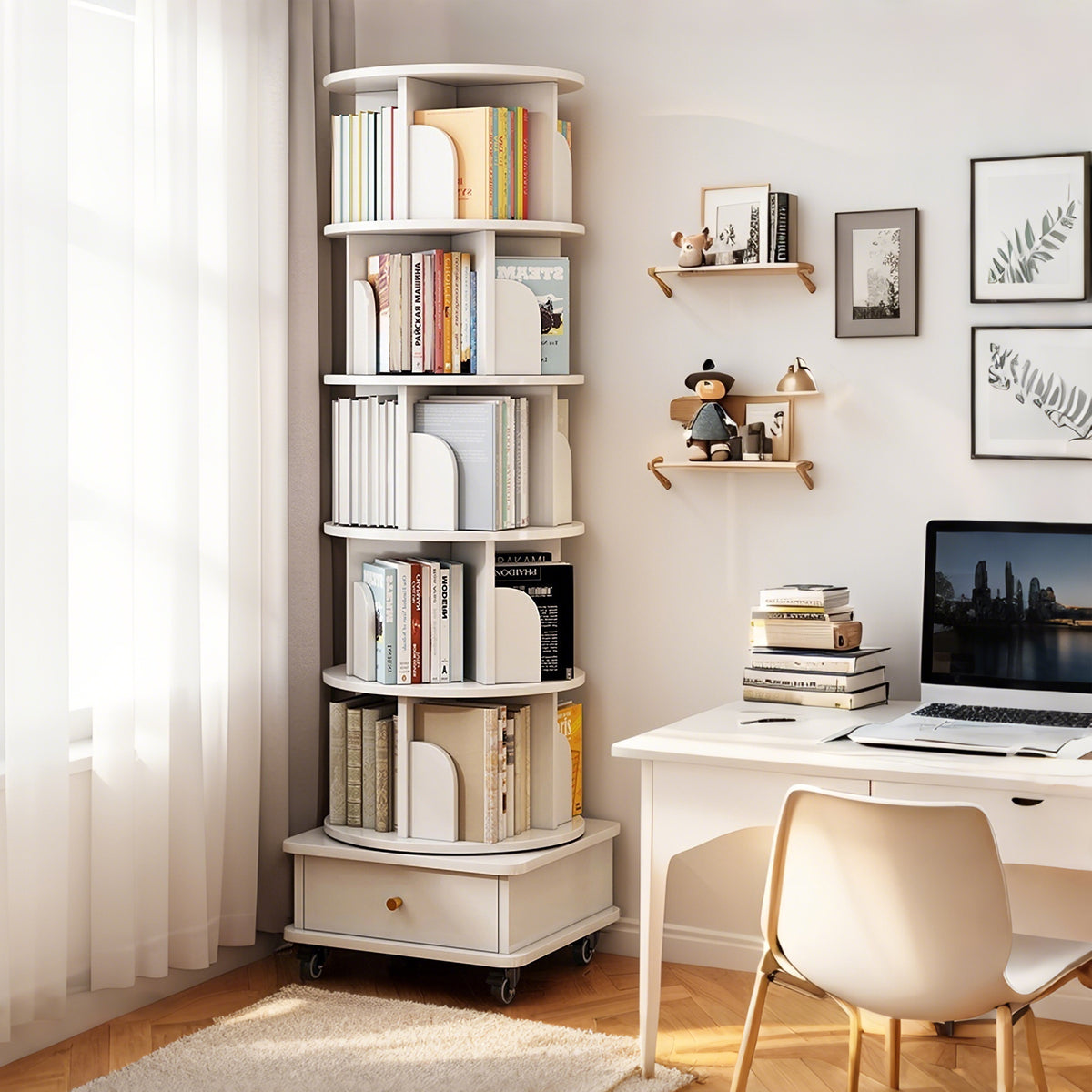 Minimalist Bookshelf, 5 Shelves, Rolling, 68.1 in Tall, White