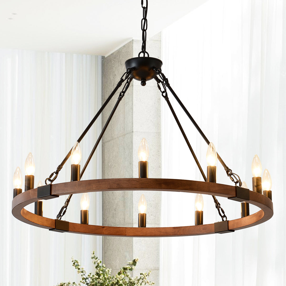 Matte Black and Wood Wagon Wheel 12-Light Chandelier, 32 in, Metal and Wood
