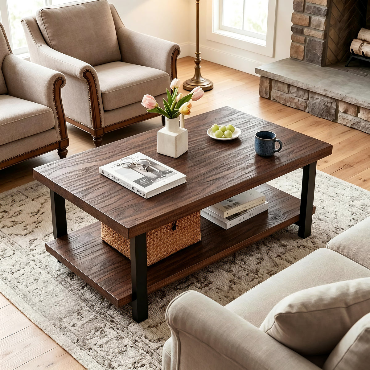 Walnut Solid Wood Farmhouse Coffee Table with Shelf, 41.7 in