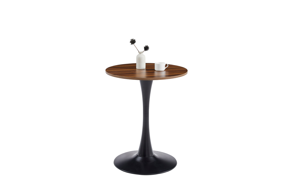 Front studio view of dark wood-grain round bistro table with vase and cup on top