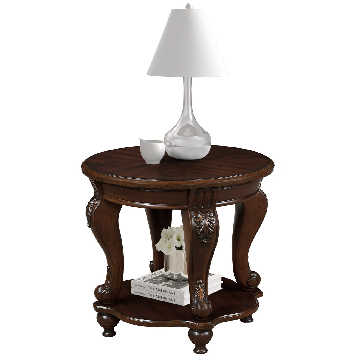 Cherry Carved Cabriole Leg Round Side Table with Shelf, 22 in
