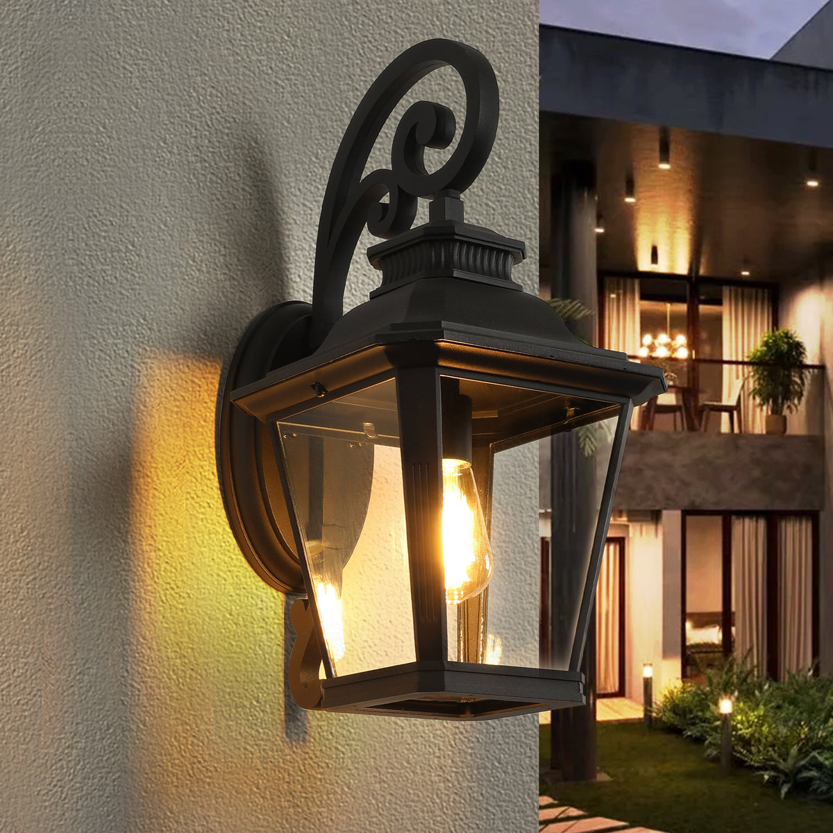 Black Outdoor Wall Light, 21 in, Aluminum and Glass